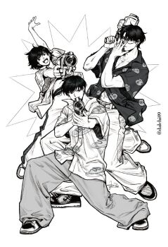 1girl 2boys :d adjusting_eyewear arm_up belt black_shirt camera collared_shirt commentary dalchi09 dumpling english_commentary food food_print full_body glasses greyscale han_sooyoung jacket kim_dokja looking_at_viewer midriff_peek monochrome multiple_boys omniscient_reader's_viewpoint open_mouth outstretched_arm outstretched_leg pants shirt smile striped_clothes striped_pants wide-leg_pants yoo_joonghyuk