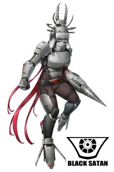 1girl armor arthropod_girl belt belt_buckle black_belt bodysuit brown_bodysuit buckle colored_skin commentary cyborg drill drill_hand eidenjyou1997 emblem english_commentary full_body genderswap genderswap_(mtf) grey_hair grey_skin helmet highres kamen_rider kamen_rider_stronger_(series) kikkaijin_arijigoku long_hair looking_at_viewer monster_girl multicolored_hair pink_eyes red_hair simple_background solo very_long_hair white_background