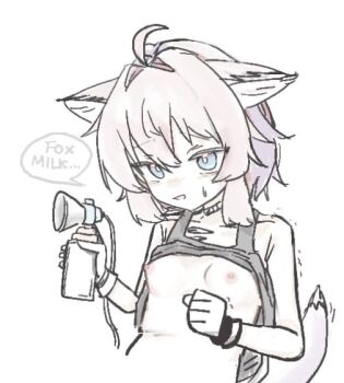 1girl ahoge animal_ears arknights blue_eyes breast_pump breasts commentary_request fox_ears fox_girl fox_tail milking_machine nipples short_hair simple_background small_breasts solo speech_bubble sussurro_(arknights) sussurrobestmom tail