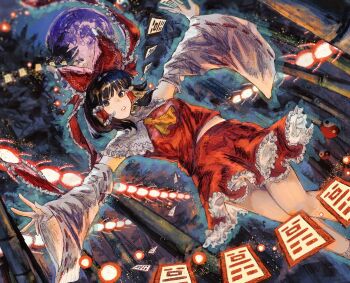 1girl absurdres ascot bamboo bamboo_forest bare_shoulders black_eyes black_hair bow commentary detached_sleeves dutch_angle forest frilled_bow frilled_hair_tubes frilled_skirt frills hair_bow hair_tubes hakurei_reimu highres looking_at_viewer midriff_peek moon nature night nontraditional_miko oftooon ofuda outstretched_arms parted_lips red_bow red_shirt red_skirt ribbon-trimmed_sleeves ribbon_trim shirt short_hair skirt sleeveless sleeveless_shirt solo spread_arms symbol-only_commentary touhou yellow_ascot