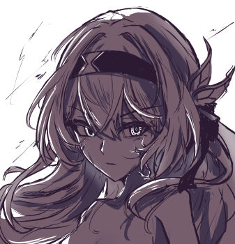 1girl absurdres black_hairband breasts cleavage close-up cracked_face firefly_(honkai:_star_rail) greyscale hair_ornament hair_ribbon hairband highres honkai:_star_rail honkai_(series) long_hair monochrome ribbon serious simple_background solo tefutefufu white_background
