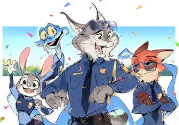 alternative_ending cat_boy celebration fox_boy furry furry_male gary_de'snake highres judy_hopps nick_wilde orange_fur party_popper pawbert_lynxley police police_uniform rabbit_girl sasuke72806332 snake_boy whiskers zootopia