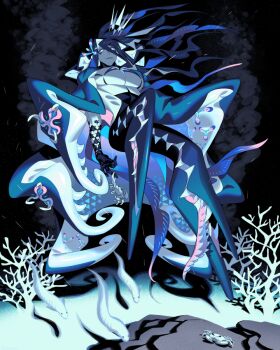 1boy animal blue_eyes blue_hair colored_inner_hair commentary_request coral crab crown edarow extra_mouth fish floating_crown full_body long_hair looking_at_viewer male_focus monster_boy multicolored_hair muscular muscular_male octopus_boy original puffy_male_chest solo tentacle_hair tentacles underwater very_long_hair