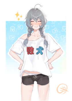 1girl :> absurdres ahoge black_shorts blush braid chinese_commentary closed_eyes closed_mouth clothes_writing commentary_request cowboy_shot dolphin_shorts dungeon_ni_deai_wo_motomeru_no_wa_machigatteiru_darou_ka facing_viewer flipped_sidelocks grey_hair hair_between_eyes hands_on_own_hips highres long_hair low_twin_braids micro_shorts mixed-language_commentary outline panties shirt shorts signature single_bare_shoulder single_off_shoulder smile solo standing straight-on syr_flover t-shirt twin_braids underwear user_kxcv3332 white_outline white_panties white_shirt