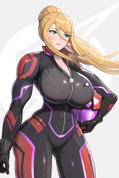 1girl abs absurdres black_bodysuit black_gloves blonde_hair blush bodysuit breasts cleavage collarbone commentary_request covered_abs covered_groin gloves gonzarez green_eyes hair_between_eyes helmet highres holding holding_unworn_helmet large_breasts long_hair looking_to_the_side metroid mole mole_under_mouth muscular muscular_arms muscular_female nintendo ponytail power_suit_(metroid) red_helmet samus_aran skin_tight solo unworn_headwear unworn_helmet very_long_hair vi-o-la_suit