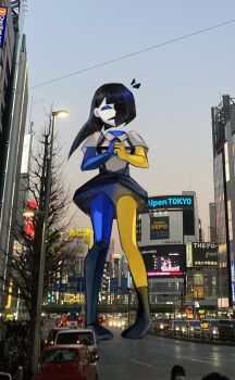 1girl asymmetrical_legwear black_hair black_socks blue_eyes blue_skin blunt_bangs car colored_skin ena_(ena) ena_(series) ena_(species) ena_(web_series) floating_head frown giant giantess highres kneehighs lamppost long_hair low_poly motor_vehicle multicolored_skin outdoors photo_background real_world_location road sadder_ena shirt short_sleeves single_kneehigh single_sock skirt socks solo split-color_skin standing suspender_skirt suspenders tree uneven_legwear usagimarumei yellow_skin