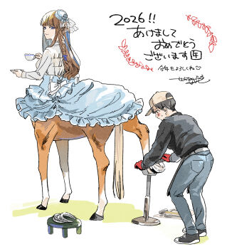 1boy 1girl 2026 absurdres akeome belt black_hair black_jacket blue_eyes blue_skirt blunt_bangs blush_stickers braid breasts brown_hair centaur chinese_zodiac closed_mouth commentary_request cup denim frilled_skirt frills full_body gloves hammer happy_new_year hat highres holding holding_cup holding_plate hooves horse_tail horseshoe jacket jeans large_breasts long_hair long_sleeves mini_hat monster_girl multiple_legs new_year original pants plate red_gloves sentimental_hayashi shirt shoes short_hair sidelocks simple_background skirt smile sneakers standing standing_on_three_legs sweat tail taur teacup tilted_headwear translation_request utility_belt white_background white_shirt year_of_the_horse