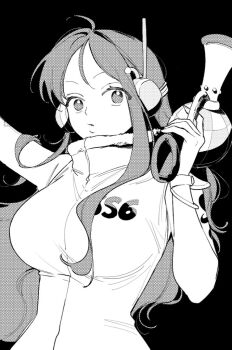 1girl arm_up bangle bare_shoulders black_background bracelet breasts closed_mouth gun headphones holding holding_gun holding_weapon jewelry large_breasts leotard long_hair looking_at_viewer nami_(one_piece) numata_(oioioioiai) official_alternate_costume one_piece shoulder_tattoo single_sidelock sleeveless solo tattoo upper_body wavy_hair weapon