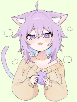 Rule 34 | 1girl, ahoge, animal ear fluff, animal ears, blush, breasts, brown sweater, cat ears, cat girl, cat tail, cleavage, commentary request, cropped torso, cup, double-parted bangs, ekakimii, green background, hair between eyes, highres, holding, holding cup, hololive, long sleeves, looking at viewer, medium breasts, mug, nekomata okayu, open mouth, purple eyes, purple hair, short hair, simple background, smile, solo, sweater, tail, virtual youtuber