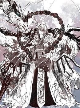 Rule 34 | 1boy, aqua eyes, black eyes, black hair, blood, blood on face, chinese clothes, dragon, dragon boy, dragon horns, e.g.o (project moon), eastern dragon, full body, heterochromia, highres, hong lu (project moon), horns, limbus company, limited palette, long hair, male focus, project moon, robe, solo, standing, tears of the tarnished blood (e.g.o), yz g