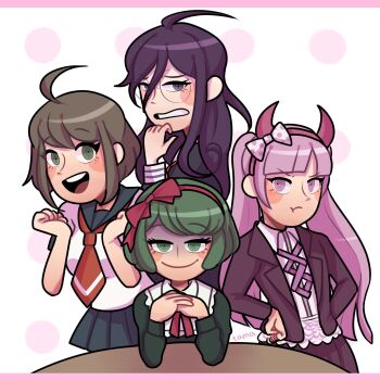 Rule 34 | 4girls, :t, ahoge, black shirt, blue sailor collar, blue skirt, blunt bangs, blush, blush stickers, bow, breasts, closed mouth, collared shirt, commentary, danganronpa (series), danganronpa another episode: ultra despair girls, doki doki literature club, elbows on table, english commentary, evil smile, eyelashes, fake horns, fukawa toko, glasses, green eyes, hair between eyes, hair bow, hairband, hands on own hips, highres, horns, jacket, just monika (meme), long hair, long sleeves, looking at viewer, meme, multiple girls, naegi komaru, name connection, neck ribbon, necktie, nervous, open clothes, open jacket, open mouth, own hands together, pink hair, polka dot, polka dot background, polka dot bow, pout, purple eyes, purple hair, purple jacket, purple skirt, red bow, red hairband, red necktie, red ribbon, ribbon, round eyewear, sailor collar, school uniform, serafuku, shirt, short hair, short sleeves, skirt, smile, tamatanz, teeth, towa monaca, twintails, upper teeth only, utsugi kotoko, v-shaped eyebrows, white shirt