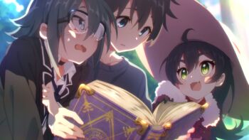 Rule 34 | 1boy, 2girls, blue eyes, blue shirt, blue sky, book, glasses, hair between eyes, multiple girls, official art, princess connect!, shirt, short hair, sky, yuuki (princess connect!)