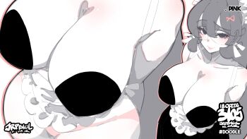 1girl absurdres apron artist_name black_dress breasts cleavage closed_mouth collarbone commentary double-parted_bangs dress from_above glasses grey_eyes grey_hair hair_between_eyes hair_ornament highres jrpencil large_breasts long_hair looking_at_viewer maid_headdress multiple_views original panties pink_panties revealing_clothes smile strapless strapless_dress underwear waist_apron