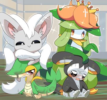 :> black_sclera blush cinccino closed_mouth colored_sclera commentary_request crown dirty emolga flower full_body gen_5_pokemon highres leaf lets0020 lilligant looking_at_another mouse_(animal) mud nintendo no_humans nose_blush open_mouth orange_flower pokemon pokemon_(creature) smile smug snivy sparkle tearing_up