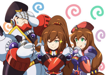 1boy 2girls ;) android armor beret black_hat breasts brother_and_sister brown_hair chest_jewel closed_eyes colonel_(mega_man) dress embarrassed gloves green_eyes hair_between_eyes hair_ornament hand_on_own_face hat hat_ornament heart heart_hands helmet high_collar high_ponytail highres iris_(mega_man) iris_-another-_(mega_man) jewelry joints kotatuman_dash long_hair looking_at_another looking_at_viewer low-tied_long_hair medium_breasts mega_man_(series) mega_man_x_(series) mega_man_x_dive military military_uniform multicolored_dress multiple_girls one_eye_closed open_mouth peaked_cap ponytail red_armor red_hat red_helmet robot robot_ears robot_girl robot_joints shoulder_jewel siblings simple_background smile snowflake_hat_ornament thumbs_up upper_body very_long_hair