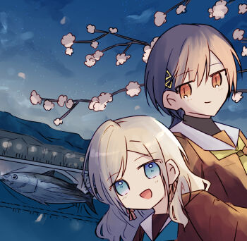 2girls :d blue_eyes blue_neckerchief blue_sky brown_dress ceras_yanagida_lilienfeld cherry_blossoms closed_mouth commentary derivative_work dress dutch_angle grey_hair hasu_no_sora_school_uniform haz jellyfish_cut katsuragi_izumi link!_like!_love_live! long_hair long_sleeves looking_at_viewer love_live! multiple_girls neckerchief night open_mouth orange_eyes sailor_collar sailor_dress school_uniform selfie skipjack_tuna sky slit_pupils smile split_mouth star_(sky) starry_sky tuna virtual_youtuber white_sailor_collar winter_uniform yellow_neckerchief