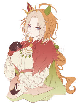 ahoge alternate_costume animal_ears blue_eyes brown_gloves champagne_flute crown cup drinking_glass ear_covers ear_ornament ear_through_crown fur_trim gloves highres holding horse_ears horse_girl long_hair long_sleeves mismatched_ear_covers multicolored_hair orange_hair orfevre_(umamusume) red_skirt shirt simple_background skirt smile two-tone_hair umamusume white_background white_hair white_shirt yue_(lov_n_n)