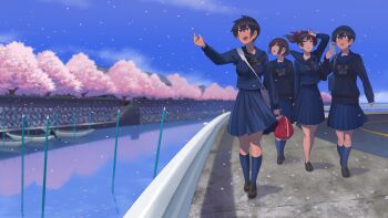 4girls :d absurdres breasts commentary_request glasses happy_new_year highres kneehighs kuronami_(lvi) loafers looking_up lvi maikaze_(lvi) medium_breasts multiple_girls murasame_(lvi) new_year open_mouth original outdoors school_uniform shoes short_hair smile socks suzukaze_(lvi) sweater walking