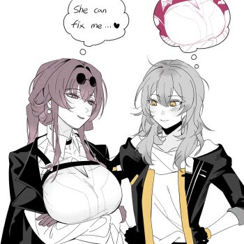 2girls black_jacket blush breasts closed_mouth collared_shirt commentary d0600059994959 gloves grey_hair hashtag-only_commentary highres honkai:_star_rail honkai_(series) jacket kafka_(honkai:_star_rail) large_breasts long_hair looking_at_breasts multiple_girls parted_lips purple_eyes purple_gloves purple_hair shirt simple_background smile speech_bubble stelle_(honkai:_star_rail) thought_bubble trailblazer_(honkai:_star_rail) white_background white_shirt yellow_eyes yuri