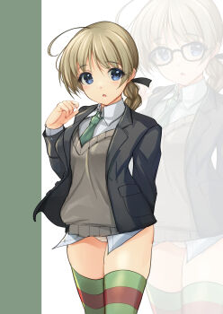 1girl absurdres ahoge bespectacled black_jacket blazer blue_eyes braid brown_hair collared_shirt commentary_request dress_shirt glasses green_neckerchief green_thighhighs grey_sweater highres jacket lynette_bishop multicolored_thighhighs neckerchief panties shirt shirt_under_sweater single_braid solo strike_witches sweater thighhighs underwear white_panties white_shirt world_witches_series yashin_(yasinz) zoom_layer