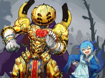 1boy 1girl adeshi_(adeshi0693119) apron armor blue_hair closed_eyes commentary_request dancing dragon_girl dragon_horns dragon_tail duel_monster eldlich_the_golden_lord extra_eyes gold_armor graveyard halloween highres horns jack-o&#039;-lantern_head japanese_clothes jewelry laundry_dragonmaid maid meme pumpkin_dance_(meme) red_eyes ring smile tail variant_set wa_maid yu-gi-oh!