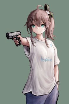 1girl ahoge aiming alternate_costume aqua_eyes armpit_peek black_ribbon blue_pants brown_hair closed_mouth collarbone commentary_request cosplay cowboy_shot green_background green_eyes gun hair_between_eyes hair_ornament hair_ribbon hand_in_pocket handgun highres holding holding_gun holding_weapon hololive medium_hair meme natsuiro_matsuri nymph_rhythm pants ribbon shirt short_sleeves side_ponytail simple_background solo t-shirt virtual_youtuber watch weapon white_shirt wristwatch yusuf_dikec yusuf_dikec_(cosplay) yusuf_dikec_(meme)