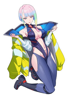 1girl absurdres bare_shoulders bigroll black_boots boots breasts cleavage cyberpunk_(series) cyberpunk:_edgerunners cyborg eyeliner highres jacket large_breasts leotard looking_at_viewer lucy_(cyberpunk) makeup medium_breasts multicolored_hair off_shoulder open_clothes red_eyeliner red_lips short_hair smile solo white_background white_hair yellow_jacket