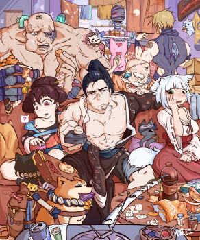 Rule 34 | 2girls, 5boys, ?, absurdres, animal ears, apron, ashtray, backpack, bag, bald, barcode, barcode tattoo, bell, black hair, blonde hair, bottle, box, breasts, can, card, cardboard box, cat, chicken (food), chinese commentary, chips (food), chopsticks, cleavage, commentary request, couch, cupcake, dog, drink can, drink carton, drinking straw, drinking straw in mouth, earbuds, earphones, facial hair, flash drive, food, fried chicken, geta, ghost, green eyes, hair ornament, hairpin, heart, heart tattoo, highres, holding, holding chopsticks, japanese clothes, juice box, miko, mole, mole under eye, multiple boys, multiple girls, muscular, muscular male, mustache, neck bell, open mouth, original, pillow, pink apron, playing card, potato chips, scar, scar on face, scar on forehead, scar on nose, sharp teeth, shiba inu, sitting, soda bottle, soda can, spoken question mark, tail, tattoo, teeth, television, tongue, tongue out, triangular headpiece, user hkzs4284, watching television, white hair