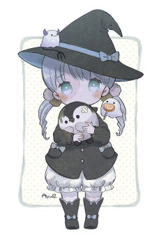1girl animal ayu_(mog) bandaid bird black_boots black_coat black_hat bloomers blue_bow blue_hair blush boots bow candy closed_mouth coat commentary commentary_request english_commentary food footwear_bow full_body ghost green_eyes halloween hat hat_bow highres holding holding_animal lollipop long_hair long_sleeves looking_at_viewer low_twintails mixed-language_commentary original patchwork_skin penguin polka_dot polka_dot_background romaji_commentary signature solo standing swirl_lollipop twintails underwear white_bloomers witch_hat yellow_background