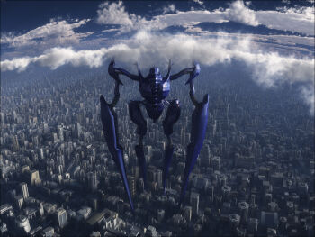 3d aiuuu bokurano city cityscape cloud highres mecha no_humans robot scenery sky zearth