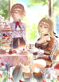 Rule 34 | 2girls, absurdres, belt, black belt, black boots, black pantyhose, black skirt, blonde hair, blue eyes, boots, breasts, brown hair, cake, cake slice, center frills, cleavage, closed mouth, commentary request, cup, durandal (honkai impact), food, frills, hair between eyes, hair over one eye, highres, holding, holding cup, holding plate, honkai (series), honkai impact 3rd, karame rise, knee boots, long hair, long sleeves, looking at another, multiple girls, navel, open mouth, pantyhose, plate, red eyes, rita rossweisse, second-party source, shirt, short hair, sitting, skirt, solo, standing, teacup, white shirt