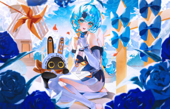 1girl 1other bandana bandana_around_neck bangboo_(zenless_zone_zero) bare_shoulders blue_bow blue_eyes blue_flower blue_hair blue_sky blush bow clothing_cutout cloud commentary detached_sleeves eous_(zenless_zone_zero) falling_petals fence flower flower_hairpin formal_clothes gloves hair_ornament hairpin highres holding holding_flower indol looking_at_viewer mole mole_on_shoulder mountain orange_bandana petals pinwheel ponytail revision see-through_dress_layer seed_(zenless_zone_zero) side_cutout sitting sky smile solo suit teeth thigh_cutout toeless_legwear toeless_socks upper_teeth_only white_gloves white_suit windmill zenless_zone_zero