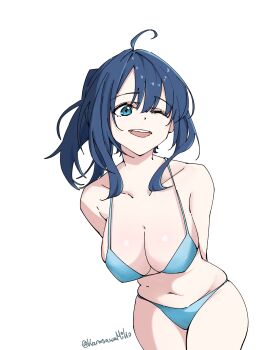 1girl alternate_hairstyle arms_behind_back artist_name bikini blue_bikini blue_eyes blue_hair breasts cleavage covered_erect_nipples highres karasawa_miko large_breasts legs looking_at_viewer make_heroine_ga_oo_sugiru! medium_hair navel one_eye_closed open_mouth ponytail solo swimsuit teeth thighs thong_bikini tongue wink yanami_anna