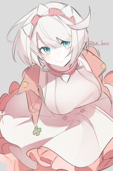 1girl ahoge aqua_eyes bob_cut breasts clover collar commentary_request elphelt_valentine four-leaf_clover guilty_gear guilty_gear_strive hairband hanakiri22 highres jacket large_breasts pink_collar pink_hairband pink_jacket short_hair smile solo spiked_collar spiked_hairband spiked_jacket spikes upper_body white_hair