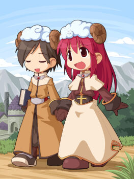 1boy 1girl :d acolyte_(ragnarok_online) blue_sky book brown_coat brown_gloves brown_hair brown_pants brown_shirt brown_shoes capelet cassock chibi chibi_only cloud coat day full_body gloves grass holding holding_book holding_hands key_visual long_hair long_sleeves mountainous_horizon official_art open_mouth outdoors pants path promotional_art ragnarok_online ragnarok_online_kafra_quest red_eyes red_hair road sheep_hat shirt shoes short_hair skirt sky smile third-party_source walking white_capelet white_skirt yuichirou