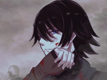 battlefield black_hair blood blood_on_face blue_eyes caim_(drag-on_dragoon) cloud cloudy_sky commentary_request damaged drag-on_dragoon drag-on_dragoon_1 fingerless_gloves gloves grey_sky hair_between_eyes helm helmet looking_at_viewer medieval sidelocks sky swept_bangs sword weapon wiping_blood yu_ru36