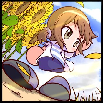 Rule 34 | 1girl, arm up, black border, black shoes, blue shoes, blue skirt, blue sky, blue trim, border, brown eyes, brown hair, cloud, cloudy sky, commentary request, drilljapan, flower, from below, hair ornament, hair scrunchie, highres, jacket, jikkyou powerful pro yakyuu, jikkyou powerful pro yakyuu (style), multicolored shoes, no mouth, one side up, open clothes, open jacket, outdoors, petals, power pro-kun pocket 12, power pro-kun pocket, purple scrunchie, rayman limbs, scrunchie, shirt, shoes, skirt, sky, solo, striped clothes, striped shirt, sunflower, tamura noriko, two-tone shoes, white jacket, yellow petals