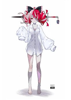 1girl absurdres ahoge artist_name barefoot black_bow blush bottomless bow colored_skin commentary double_bun dress_shirt english_commentary frilled_bow frills full_body grey_hair grey_skin hair_bow hair_bun heterochromia highres hololive hololive_indonesia kureiji_ollie long_sleeves looking_at_viewer mismatched_pupils multicolored_hair multicolored_skin nkonya object_through_head oversized_clothes oversized_shirt patchwork_skin pink_hair puffy_long_sleeves puffy_sleeves red_eyes red_hair see-through_silhouette shirt simple_background sleeves_past_fingers sleeves_past_wrists smile solo standing stitched_face stitches streaked_hair sword_in_head symbol-shaped_pupils udin_(kureiji_ollie) virtual_youtuber white_background x-shaped_pupils yellow_eyes