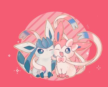 Rule 34 | animal focus, blue eyes, blush, bright pupils, commentary, fangs, gen 4 pokemon, gen 6 pokemon, glaceon, highres, inomo (qimoshu), nintendo, no humans, open mouth, pink background, pokemon, pokemon (creature), sitting, smile, sylveon, symbol-only commentary, white pupils