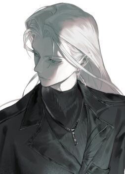 1girl aqua_eyes black_coat black_sweater closed_mouth coat dissidia_duellum_final_fantasy dissidia_final_fantasy earrings final_fantasy final_fantasy_vii grey_hair hair_slicked_back highres jewelry long_hair male_focus necklace nijomushi official_alternate_costume parted_bangs sephiroth solo sweater turtleneck turtleneck_sweater upper_body white_background