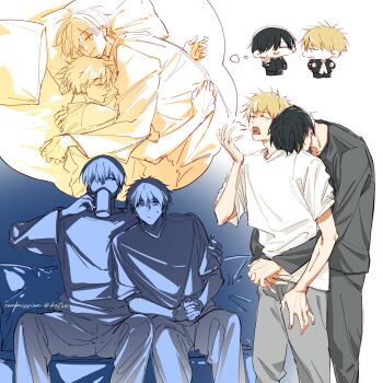 2boys arms_around_another's_waist backpack bag black_hair black_pants black_shirt chainsaw_man closed_eyes closed_mouth commentary commission cropped_legs cuddling cup denji_(chainsaw_man) drinking_glass ear_piercing english_commentary gakuran grey_pants head_on_another's_shoulder head_on_pillow highres holding holding_cup hug hug_from_behind imagining index_finger_raised katxx_xoxo long_sleeves looking_at_another male_focus mole mole_under_mouth morning_after multiple_boys multiple_piercings on_bed open_mouth orange_hair own_hands_clasped own_hands_together pants piercing pillow school_uniform sharp_teeth shirt short_hair short_sleeves sitting sleeping_together slice_of_life smile speech_bubble sweatpants teeth thought_bubble twitter_username white_shirt yaoi yawning yoshida_hirofumi