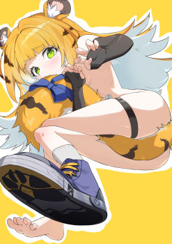 1girl absurdres animal_ear_fluff animal_ears ass barefoot between_legs between_thighs black_gloves blonde_hair blue_shoes breasts claw_pose completely_nude covered_mouth covering_ass covering_breasts covering_crotch covering_privates crossed_legs elbow_gloves feet fingerless_gloves gloves green_eyes hand_between_legs highres ju_fufu legs loli long_hair lying nude on_side raimti shoes simple_background single_shoe single_sock small_breasts socks soles solo striped_hair tail tail_censor thigh_strap thighs tiger_ears tiger_girl tiger_stripes tiger_tail toes yellow_background zenless_zone_zero