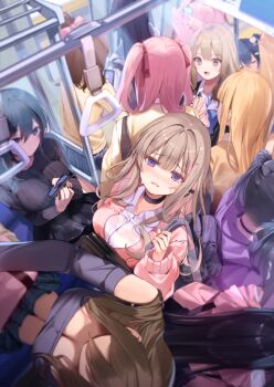 6+girls @_@ bag black_choker black_hair black_skirt black_sweater blonde_hair blush breast_press breasts brown_hair cardigan chiro_(norishiro_michiro) choker cleavage commentary_request crowd crowded downblouse from_above hair_intakes highres jacket large_breasts long_hair looking_at_viewer looking_up medium_breasts multiple_girls off-shoulder_shirt off_shoulder original pink_cardigan pink_hair pink_shirt purple_eyes purple_jacket school_bag school_uniform shirt skirt straight_hair sweat sweatdrop sweater tearing_up tears train_interior twintails wavy_hair wavy_mouth white_shirt yellow_cardigan