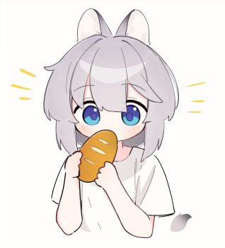 Rule 34 | 1girl, animal ear fluff, animal ears, blue eyes, bread, chibi, commentary, cropped torso, food, grey hair, hair between eyes, highres, holding, holding food, notice lines, original, riya (01214), shirt, short sleeves, simple background, solo, symbol-only commentary, tail, upper body, white background, white shirt