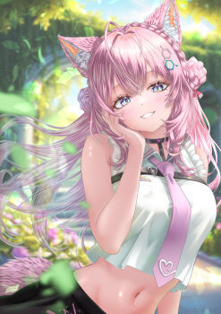 1girl absurdres animal_ears antenna_hair bare_shoulders belt black_belt black_choker black_skirt blue_eyes blue_sky blurry blurry_background blush braid braided_bun breasts chest_belt choker collared_shirt commentary crown_braid day double_bun frilled_shirt frills grin hair_bun hair_ornament hair_ribbon hakui_koyori hakui_koyori_(1st_costume) heart heart_choker highres hololive large_breasts long_hair looking_at_viewer midriff multicolored_eyes nanaki24 navel necktie outdoors pink_hair pink_lips pink_necktie pink_tail pocket_watch purple_eyes red_ribbon ribbon shirt skirt sky sleeveless sleeveless_shirt smile solo stomach tail two-tone_eyes virtual_youtuber watch white_shirt wolf_ears wolf_girl wolf_tail
