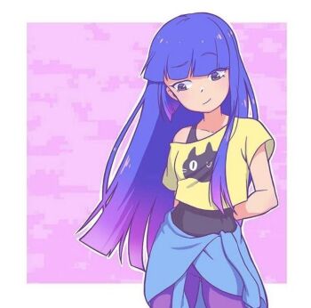 1girl animal_print arms_behind_back black_eyes blue_jacket blunt_bangs cat_print clothes_around_waist commentary_request glitch_techs jacket jacket_around_waist long_hair looking_down miko_kubota mmuttonn multicolored_hair nickelodeon non-web_source off-shoulder_shirt off_shoulder pants print_shirt purple_background purple_hair purple_pants raised_eyebrow shirt short_sleeves simple_background smile solo source_request tank_top thighhighs thighs undershirt unworn_jacket very_long_hair yellow_shirt