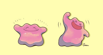 &gt;_&lt; arm_up closed_eyes commentary_request ditto full_body gen_1_pokemon happy happy_aura highres nintendo no_humans open_mouth ouran pokemon pokemon_(creature) signature simple_background smile yellow_background