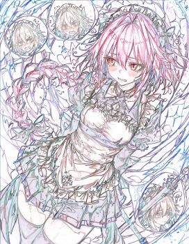 1boy apron astolfo_(fate) black_bow black_dress black_thighhighs blush bow braid braided_ponytail collar crossdressing crossdressing_(mtf) dress fate/grand_order fate_(series) frilled_apron frills hair_bow hair_intakes highres juliet_sleeves limited_palette lineart linedrawing_man long_hair long_sleeves maid maid_headdress male_focus male_maid multiple_hair_bows multiple_views pink_hair puffy_sleeves purple_eyes short_dress single_hair_streak solo sword thighhighs thighs trap very_long_hair weapon white_apron white_collar white_hair white_headdress zettai_ryouiki