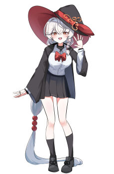 1girl absurdres black_boots black_robe black_skirt black_socks blue_archive boots bow braid breasts collared_shirt commentary eri_(blue_archive) full_body hair_between_eyes halo hat highres korean_commentary large_breasts long_sleeves looking_at_viewer open_mouth orange_eyes orange_halo pleated_skirt red_bow robe sabnak66 shirt side_braid simple_background skirt smile socks solo tilted_halo white_background white_shirt witch_hat