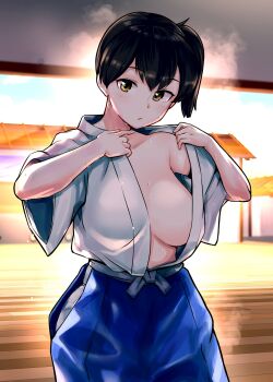 1girl asava_(hutaitenn) black_eyes blue_hakama breasts brown_eyes commentary_request cowboy_shot hakama hakama_short_skirt hakama_skirt highres japanese_clothes kaga_(kancolle) kantai_collection kosode large_breasts long_hair looking_at_viewer open_clothes open_shirt side_ponytail skirt solo steam